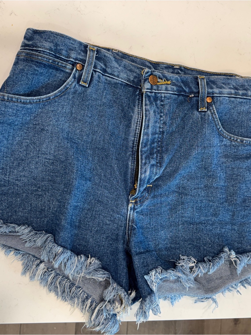 Wrangler Blue Distressed Frayed-Hem Jean Shorts